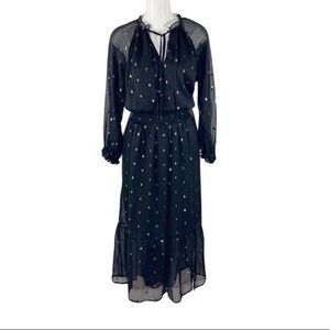 NSR black gold dot ruffle smocked long sleeve dress Z8